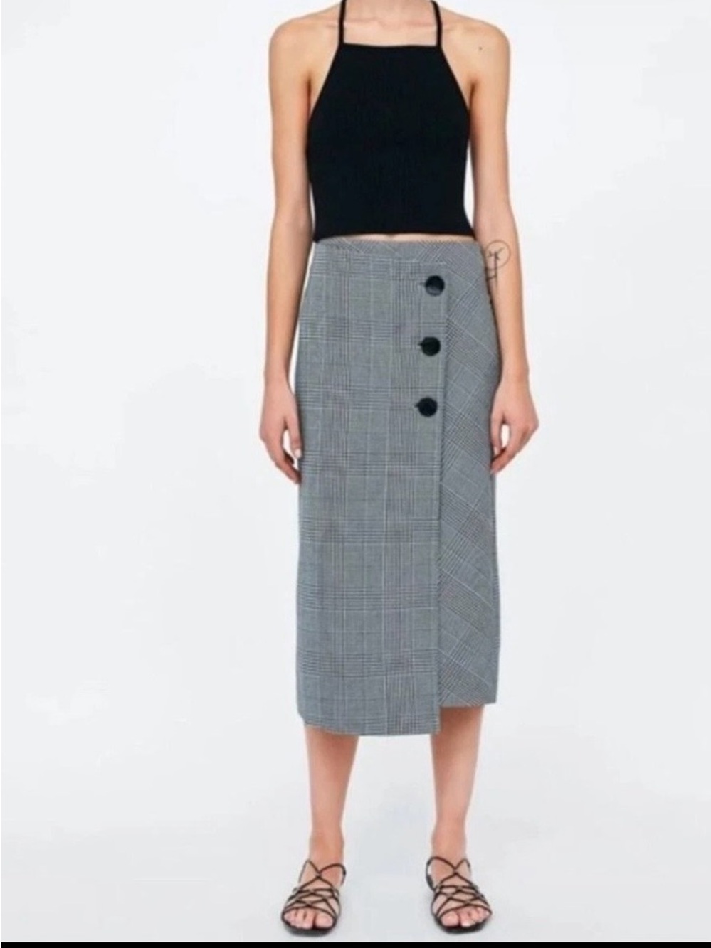 Zara Black and White Plaid Maxi Wrap Skirt with Button Accents